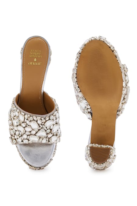 Shop Anaar Silver Rhinestones Satin Stone Embellished Block Heels at Aza Fashions Shop_Anaar_Silver Rhinestones Satin Stone Embellished Block Heels _at_Aza_Fashions