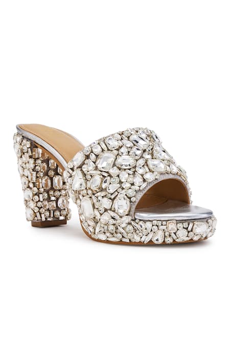 Anaar Silver Rhinestones Satin Stone Embellished Block Heels Online at Aza Fashions Anaar_Silver Rhinestones Satin Stone Embellished Block Heels _Online_at_Aza_Fashions