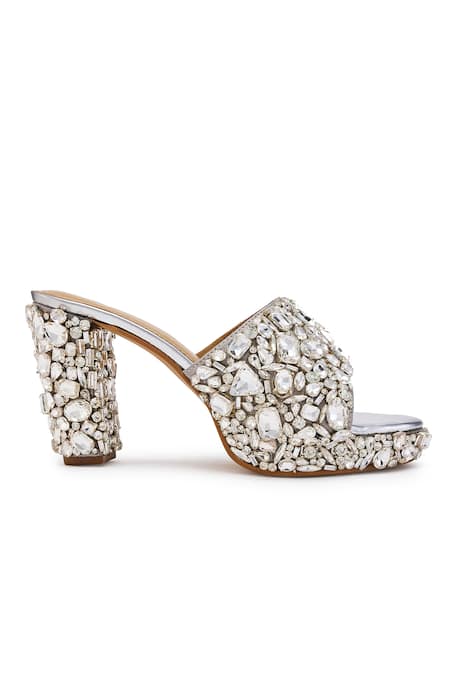 Buy Anaar Silver Rhinestones Satin Stone Embellished Block Heels Online at Aza Fashions Buy_Anaar_Silver Rhinestones Satin Stone Embellished Block Heels _Online_at_Aza_Fashions