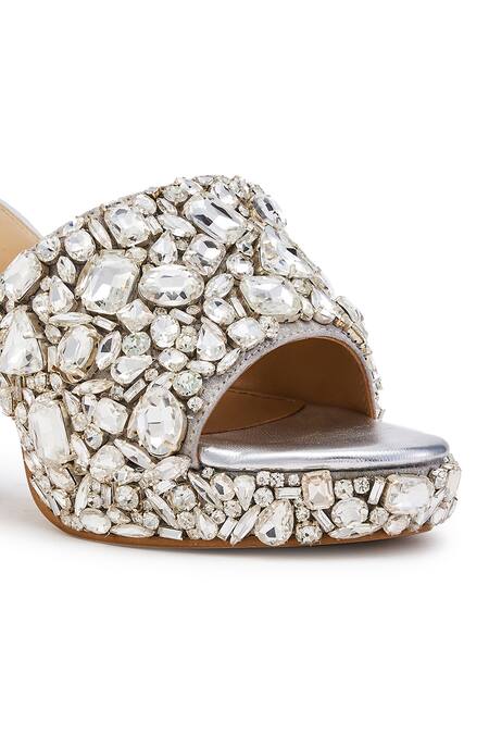 Anaar Silver Rhinestones Satin Stone Embellished Block Heels at Aza Fashions Anaar_Silver Rhinestones Satin Stone Embellished Block Heels _at_Aza_Fashions