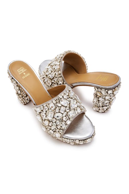 Buy Anaar Silver Rhinestones Satin Stone Embellished Block Heels Buy_Anaar_Silver Rhinestones Satin Stone Embellished Block Heels