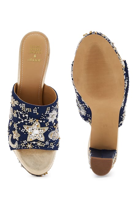 Shop Anaar Blue Cut Work, Embroidery Celestial Motif Block Heels at Aza Fashions Shop_Anaar_Blue Cut Work, Embroidery Celestial Motif Block Heels _at_Aza_Fashions