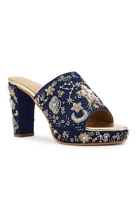 Anaar Blue Cut Work, Embroidery Celestial Motif Block Heels Online at Aza Fashions Anaar_Blue Cut Work, Embroidery Celestial Motif Block Heels _Online_at_Aza_Fashions