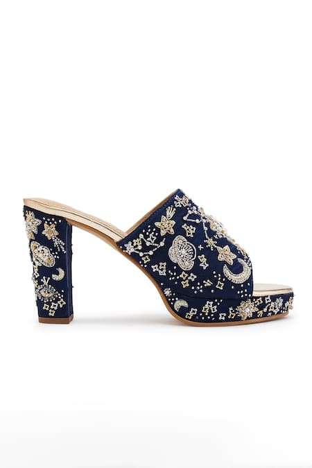 Buy Anaar Blue Cut Work, Embroidery Celestial Motif Block Heels Online at Aza Fashions Buy_Anaar_Blue Cut Work, Embroidery Celestial Motif Block Heels _Online_at_Aza_Fashions