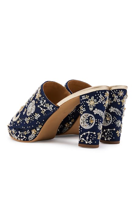 Shop Anaar Blue Cut Work, Embroidery Celestial Motif Block Heels Online at Aza Fashions Shop_Anaar_Blue Cut Work, Embroidery Celestial Motif Block Heels _Online_at_Aza_Fashions