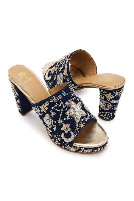 Buy Anaar Blue Cut Work, Embroidery Celestial Motif Block Heels Buy_Anaar_Blue Cut Work, Embroidery Celestial Motif Block Heels