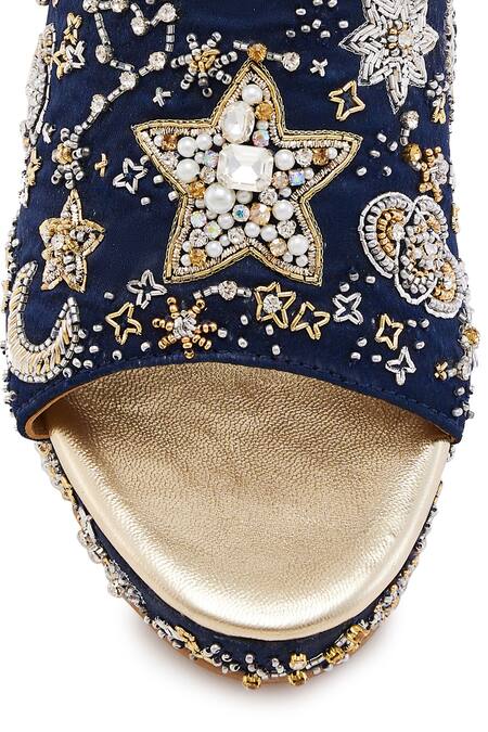 Shop Anaar Blue Cut Work, Embroidery Celestial Motif Block Heels Shop_Anaar_Blue Cut Work, Embroidery Celestial Motif Block Heels