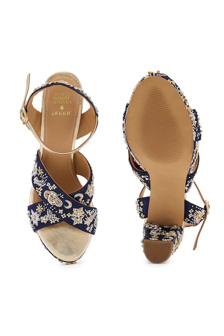 Shop Anaar Blue Cut Work, Pearls, Diamonds, Beads Navy Embroidered Block Heels at Aza Fashions Shop_Anaar_Blue Cut Work, Pearls, Diamonds, Beads Navy Embroidered Block Heels_at_Aza_Fashions