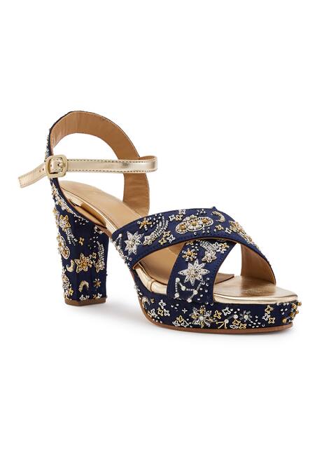 Anaar Blue Cut Work, Pearls, Diamonds, Beads Navy Embroidered Block Heels Online at Aza Fashions Anaar_Blue Cut Work, Pearls, Diamonds, Beads Navy Embroidered Block Heels_Online_at_Aza_Fashions
