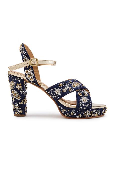 Buy Anaar Blue Cut Work, Pearls, Diamonds, Beads Navy Embroidered Block Heels Online at Aza Fashions Buy_Anaar_Blue Cut Work, Pearls, Diamonds, Beads Navy Embroidered Block Heels_Online_at_Aza_Fashions