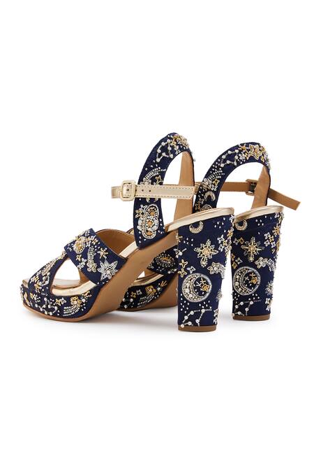 Shop Anaar Blue Cut Work, Pearls, Diamonds, Beads Navy Embroidered Block Heels Online at Aza Fashions Shop_Anaar_Blue Cut Work, Pearls, Diamonds, Beads Navy Embroidered Block Heels_Online_at_Aza_Fashions