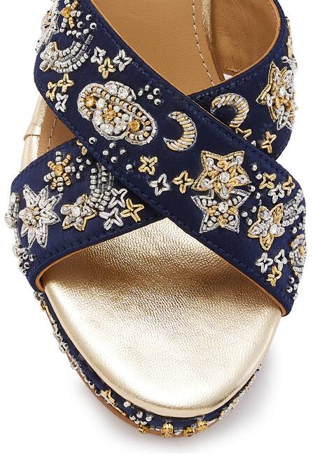 Buy Anaar Blue Cut Work, Pearls, Diamonds, Beads Navy Embroidered Block Heels Buy_Anaar_Blue Cut Work, Pearls, Diamonds, Beads Navy Embroidered Block Heels