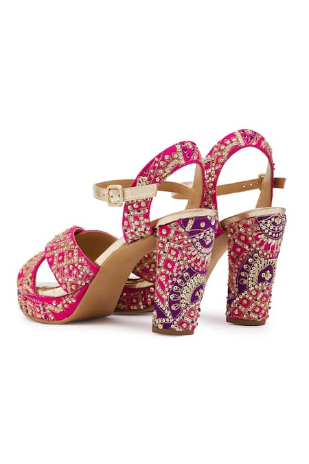 Shop Anaar Fuchsia Zari, Embroidery Zardozi Block Heels at Aza Fashions Shop_Anaar_Fuchsia Zari, Embroidery Zardozi Block Heels _at_Aza_Fashions