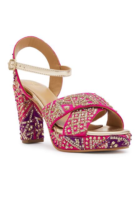 Anaar Fuchsia Zari, Embroidery Zardozi Block Heels Online at Aza Fashions Anaar_Fuchsia Zari, Embroidery Zardozi Block Heels _Online_at_Aza_Fashions