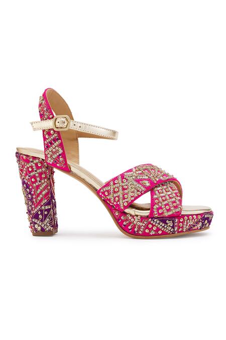 Buy Anaar Fuchsia Zari, Embroidery Zardozi Block Heels Online at Aza Fashions Buy_Anaar_Fuchsia Zari, Embroidery Zardozi Block Heels _Online_at_Aza_Fashions