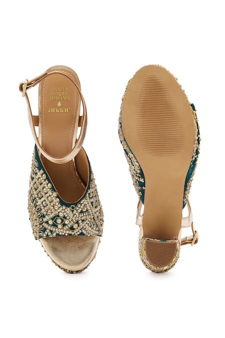 Shop Anaar Green Zari, Embroidery Brocade Zardozi Heels at Aza Fashions Shop_Anaar_Green Zari, Embroidery Brocade Zardozi Heels _at_Aza_Fashions
