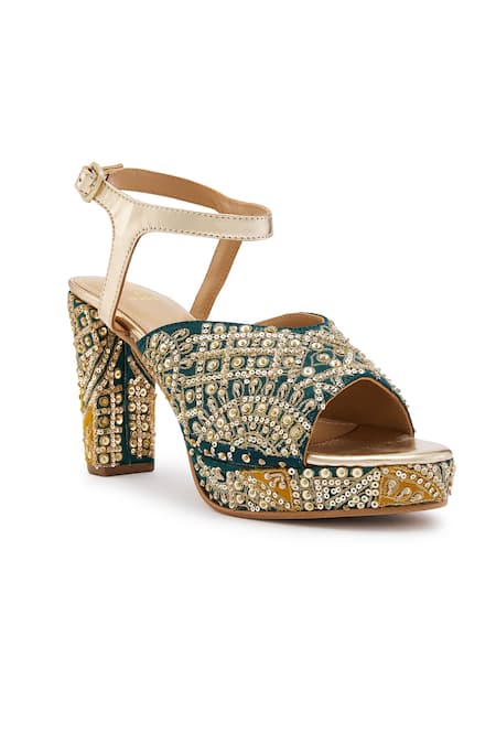 Buy Anaar Green Zari, Embroidery Brocade Zardozi Heels Online at Aza Fashions Buy_Anaar_Green Zari, Embroidery Brocade Zardozi Heels _Online_at_Aza_Fashions