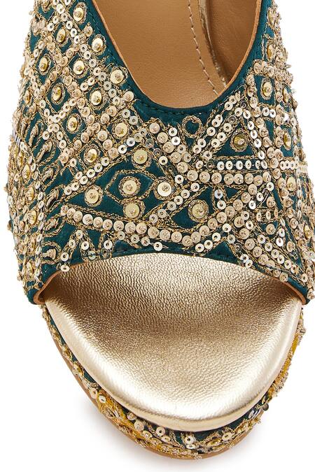 Shop Anaar Green Zari, Embroidery Brocade Zardozi Heels Shop_Anaar_Green Zari, Embroidery Brocade Zardozi Heels