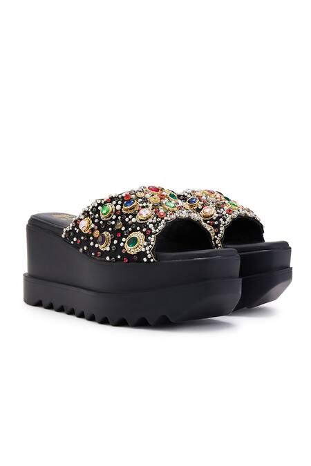 Anaar_Black Pearls, Stones Satin And Work Platform Heels _Online_at_Aza_Fashions