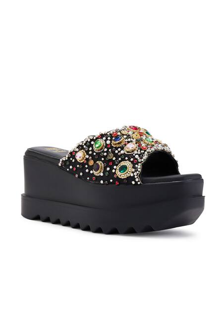 Buy_Anaar_Black Pearls, Stones Satin And Work Platform Heels _Online_at_Aza_Fashions