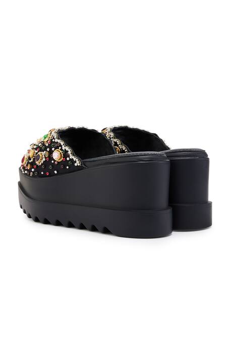 Anaar_Black Pearls, Stones Satin And Work Platform Heels _at_Aza_Fashions