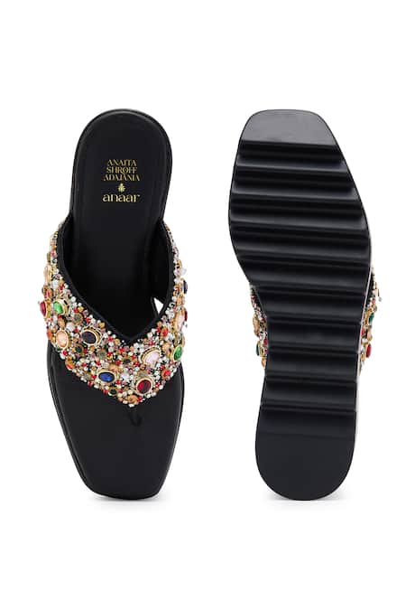 Shop_Anaar_Black Beads, Pearls, Stones Satin Platform Heels With Embellishments _at_Aza_Fashions