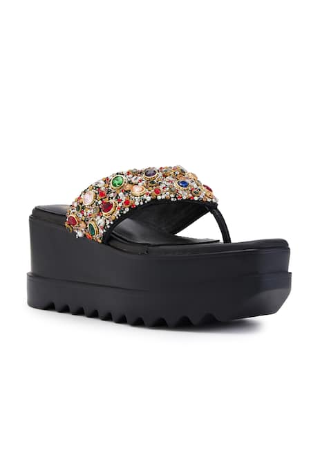 Anaar_Black Beads, Pearls, Stones Satin Platform Heels With Embellishments _Online_at_Aza_Fashions