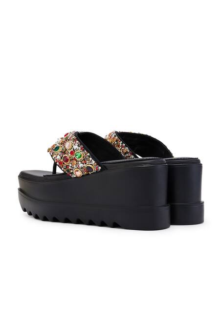 Shop_Anaar_Black Beads, Pearls, Stones Satin Platform Heels With Embellishments _Online_at_Aza_Fashions