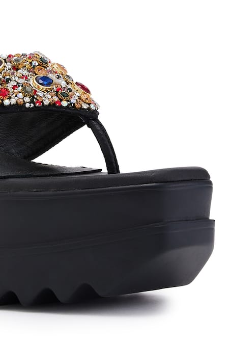 Anaar_Black Beads, Pearls, Stones Satin Platform Heels With Embellishments _at_Aza_Fashions