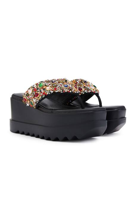 Buy_Anaar_Black Beads, Pearls, Stones Satin Platform Heels With Embellishments 