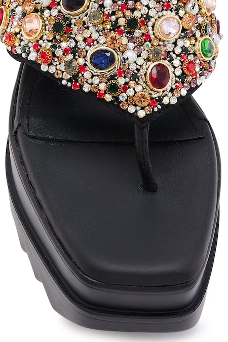 Shop_Anaar_Black Beads, Pearls, Stones Satin Platform Heels With Embellishments 