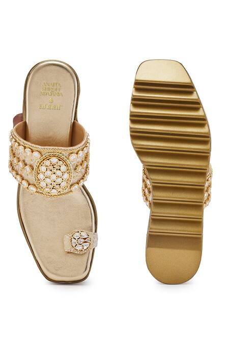 Shop_Anaar_Gold Embroidery Jadau Embellished Platform Wedges_at_Aza_Fashions
