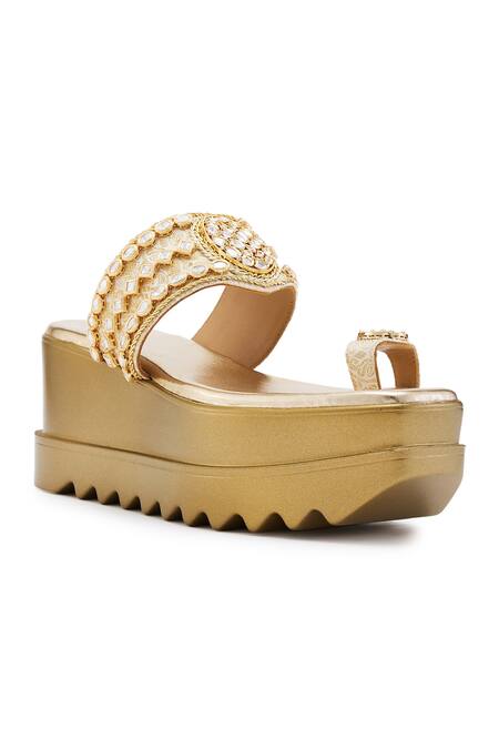 Anaar_Gold Embroidery Jadau Embellished Platform Wedges_Online_at_Aza_Fashions