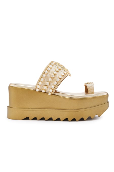 Buy_Anaar_Gold Embroidery Jadau Embellished Platform Wedges_Online_at_Aza_Fashions