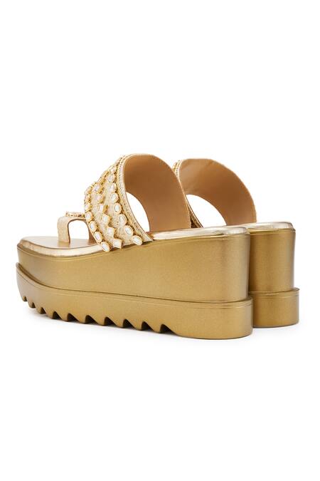 Shop_Anaar_Gold Embroidery Jadau Embellished Platform Wedges_Online_at_Aza_Fashions