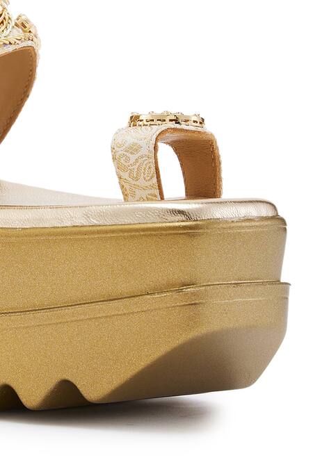 Anaar_Gold Embroidery Jadau Embellished Platform Wedges_at_Aza_Fashions