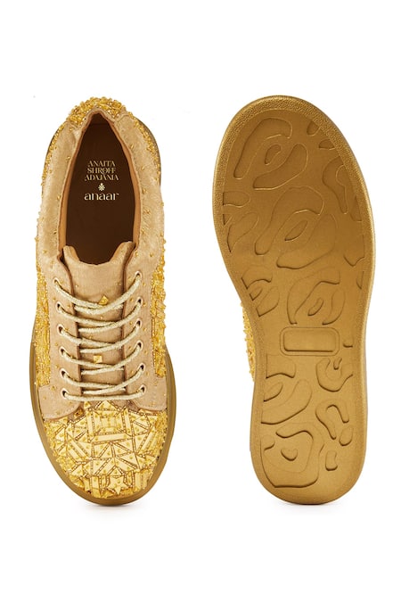 Shop Anaar Gold Cut Work Cutdana And Acrylic Mirror Sneakers at Aza Fashions Shop_Anaar_Gold Cut Work Cutdana And Acrylic Mirror Sneakers _at_Aza_Fashions