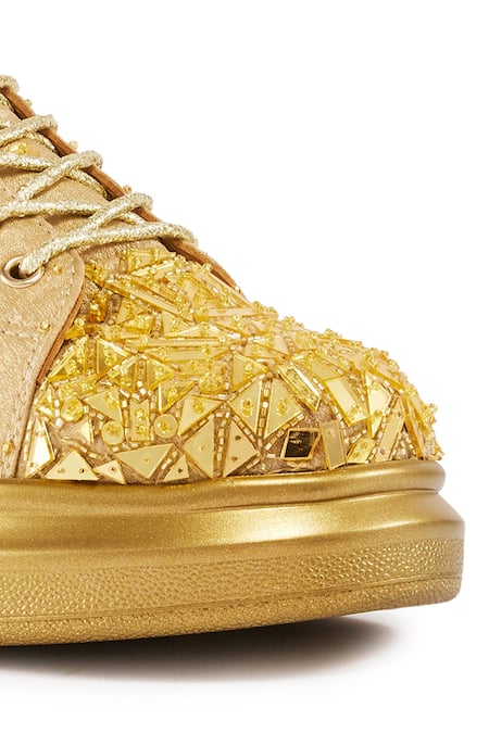 Anaar Gold Cut Work Cutdana And Acrylic Mirror Sneakers at Aza Fashions Anaar_Gold Cut Work Cutdana And Acrylic Mirror Sneakers _at_Aza_Fashions