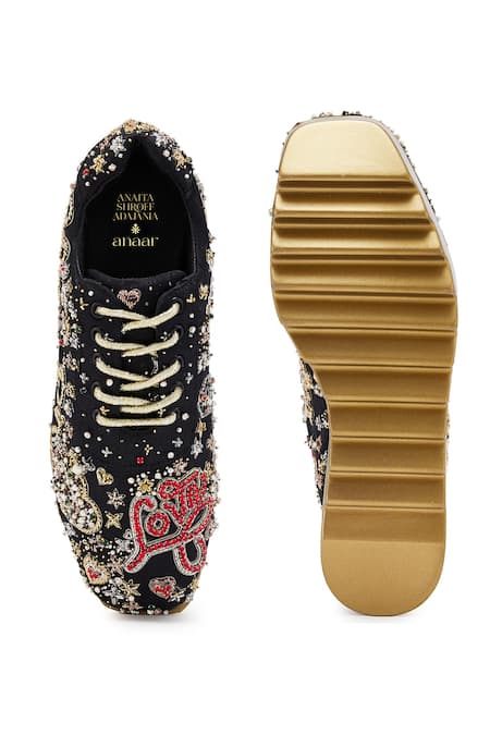 Shop_Anaar_Black Pearls, Zari Embellished Satin Wedge Sneakers _at_Aza_Fashions