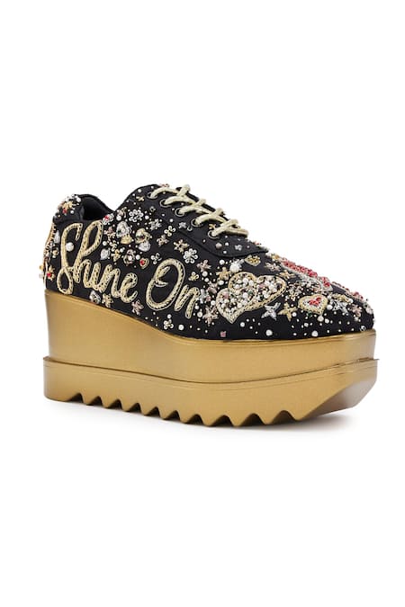 Anaar_Black Pearls, Zari Embellished Satin Wedge Sneakers _Online_at_Aza_Fashions