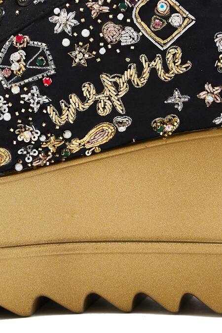 Buy_Anaar_Black Pearls, Zari Embellished Satin Wedge Sneakers _Online_at_Aza_Fashions