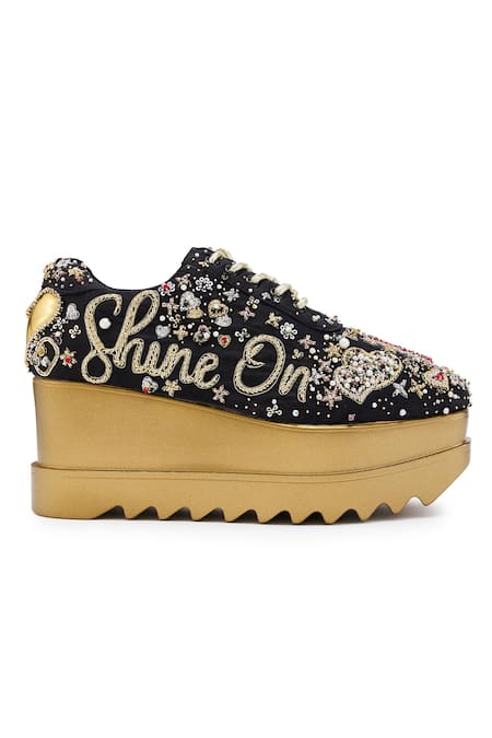 Shop_Anaar_Black Pearls, Zari Embellished Satin Wedge Sneakers _Online_at_Aza_Fashions
