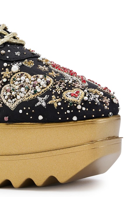 Buy_Anaar_Black Pearls, Zari Embellished Satin Wedge Sneakers 