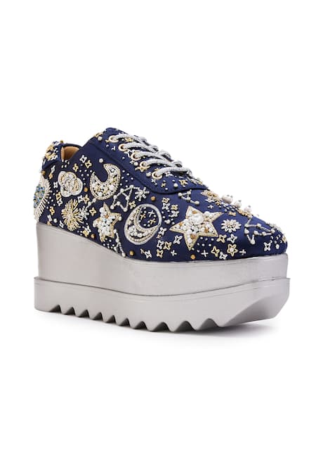 Anaar_Blue Beads, Sequins, Cut Work, Moonwalk Celestial Motif Wedge Sneakers _Online_at_Aza_Fashions