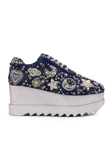 Buy_Anaar_Blue Beads, Sequins, Cut Work, Moonwalk Celestial Motif Wedge Sneakers _Online_at_Aza_Fashions
