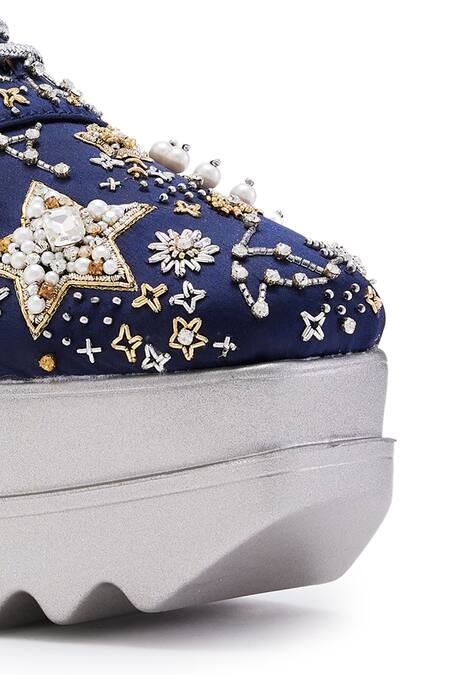 Anaar_Blue Beads, Sequins, Cut Work, Moonwalk Celestial Motif Wedge Sneakers _at_Aza_Fashions