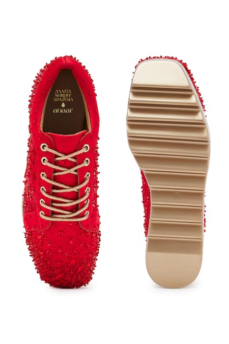 Shop_Anaar_Red Embellished Wedge Sneakers _at_Aza_Fashions