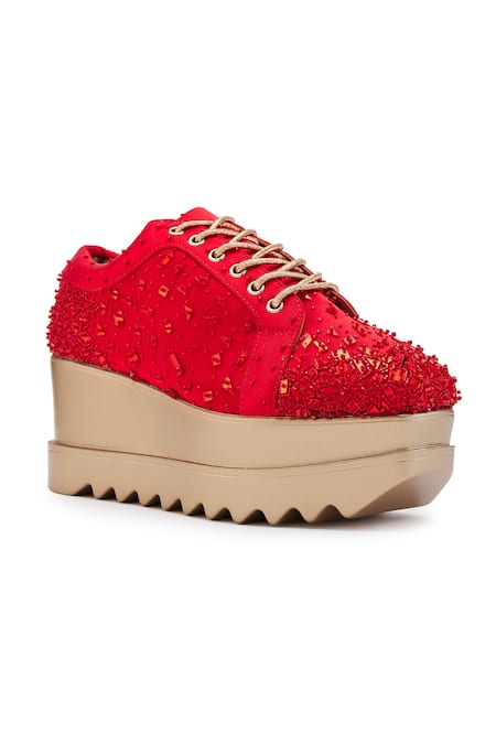 Anaar_Red Embellished Wedge Sneakers _Online_at_Aza_Fashions