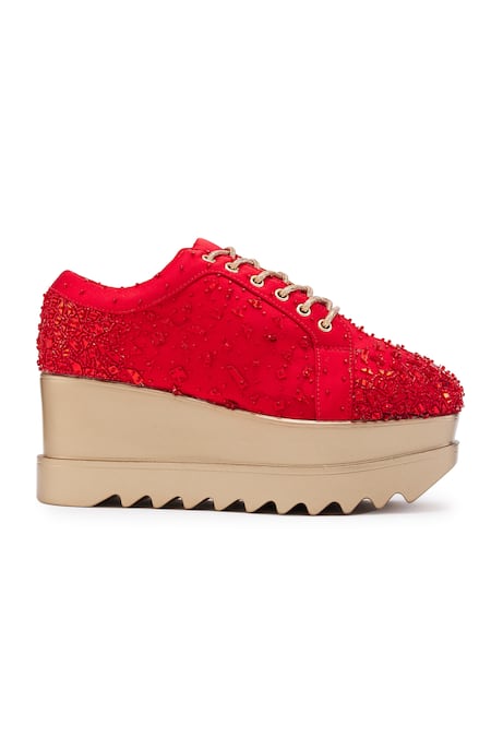 Buy_Anaar_Red Embellished Wedge Sneakers _Online_at_Aza_Fashions