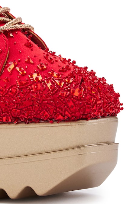 Anaar_Red Embellished Wedge Sneakers _at_Aza_Fashions